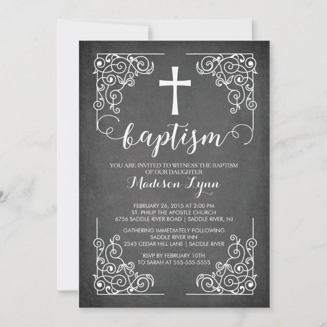 Convite Moderno Chalkboard Baptism Christening Cross (Frente)