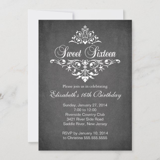 Convite Moderno Chalkboard Doce Dezesseis Festas de aniver (Frente)