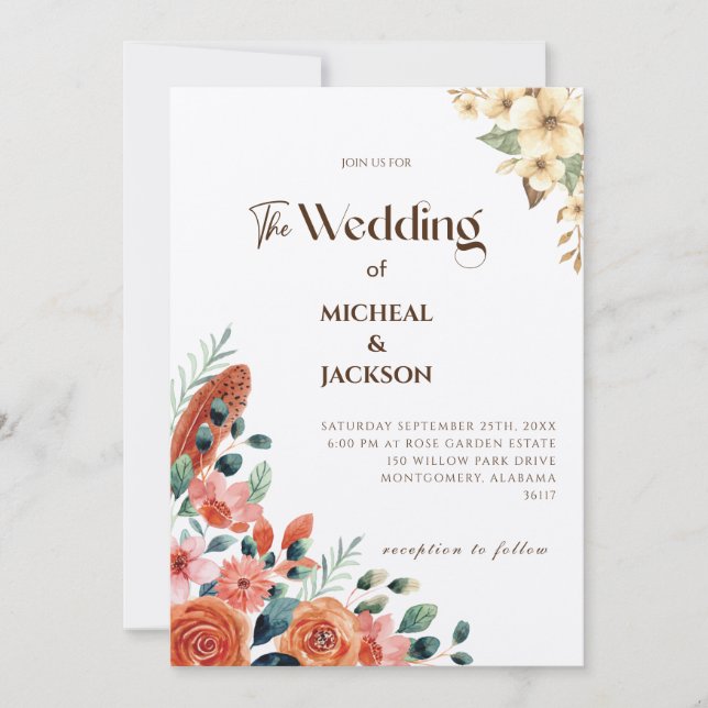 Convite Moderno Chic Boêmio Floral Aquarela  (Frente)