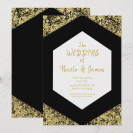 Convite Moderno Chic Flocos de Brilho Preto Dourado Casame