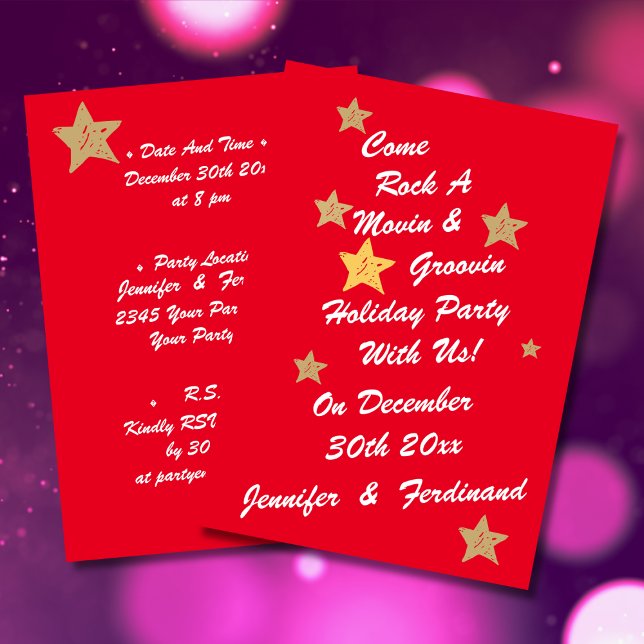 Convite Moderno Chic Red, White e Dourada Stars Groovy Par (Modern chic white script on bright red background with gold stars groovy holiday party invitation.)