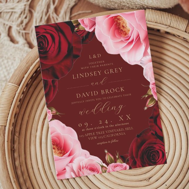 Convite Moderno Chic Rosa Borgonha Rosas Florais Casamento (Criador carregado)