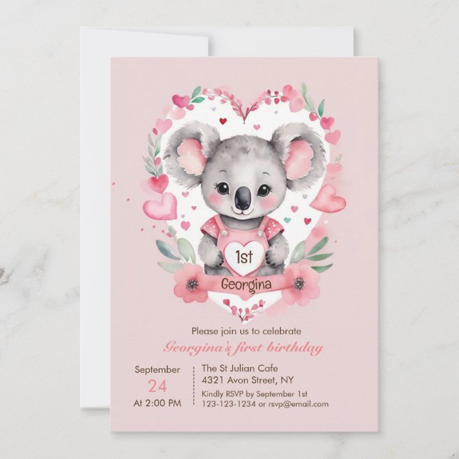 Convite Moderno Chic Watercolor Koala Pink Aniversário (Frente)
