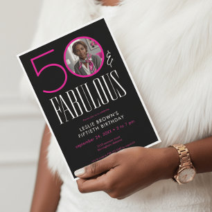 Convite Moderno Cinquenta Fabuloso Branco Rosa Foto Aniver