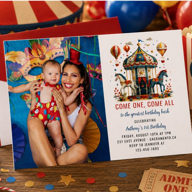 Convite Moderno Circo Cute Carnaval Festa de 1º Aniversári (Modern Cute Circus Carnival Festival 1st Birthday Invitation)