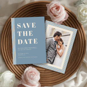 Convite Moderno Clássico Salvar a Data Azul Listrado Foto