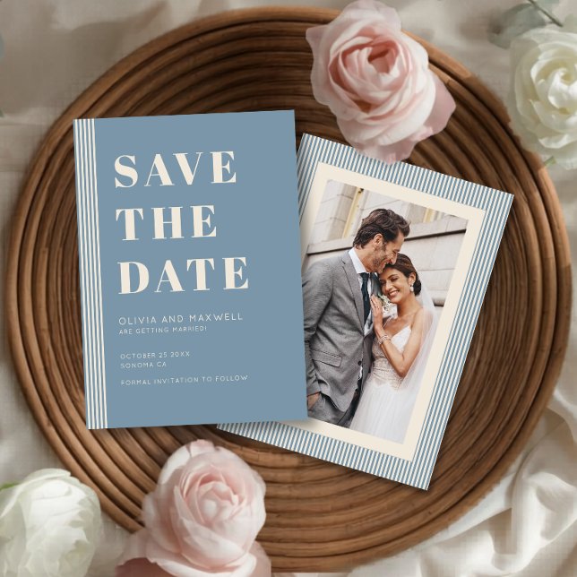 Convite Moderno Clássico Salvar a Data Azul Listrado Foto (Criador carregado)