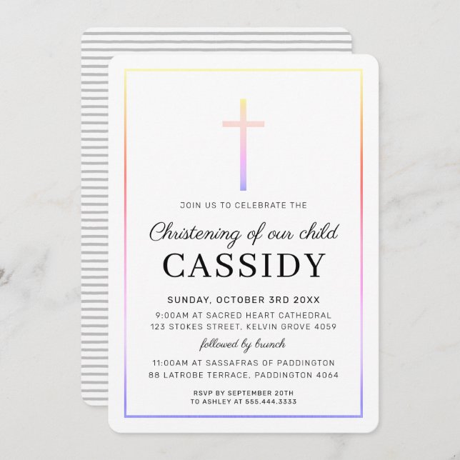 Convite MODERNO CRISTENTE dourado cruz arco-íris simples (Frente/Verso)