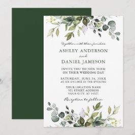 Convite Moderno de Casamento com Verde Botânico de Aquarel