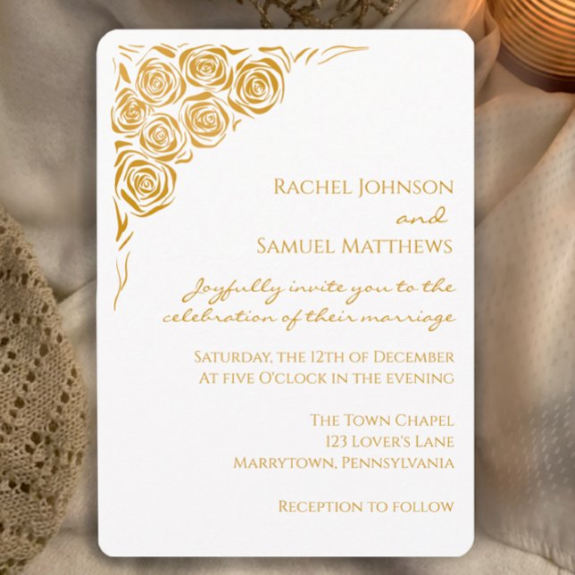 Convite Moderno de Casamento de Rosas de Ouro Dese (Elegant modern wedding invitation with unique hand drawn golden roses. Stylish, simple.
)