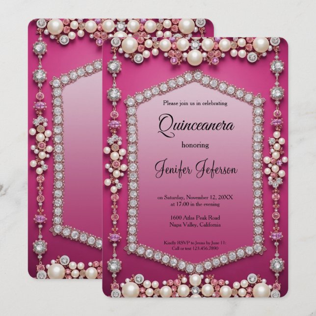 Convite moderno de jóias pérolas Quinceanera (Frente/Verso)