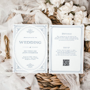 Convite Moderno Deco Branco Dusty Blue All in One Weddin