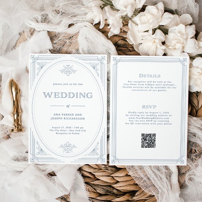 Convite Moderno Deco Branco | Dusty Blue All in One Weddin (Criador carregado)