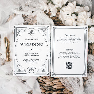 Convite Moderno Deco Negro e Branco Tudo em Um Casamento