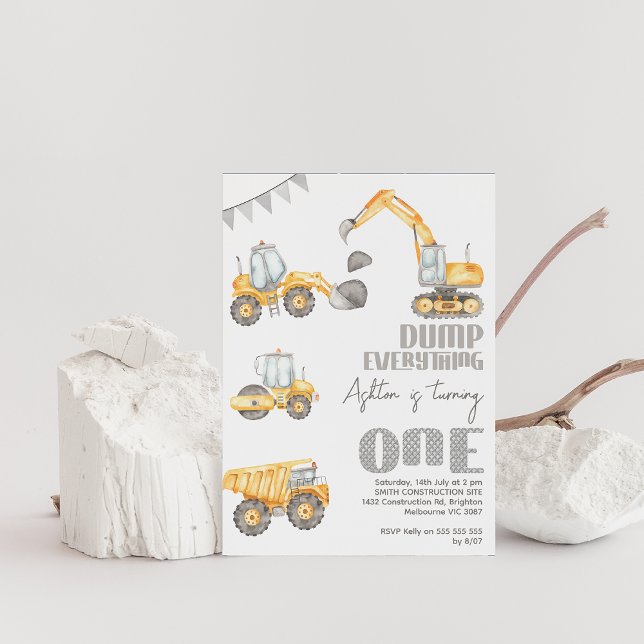 Convite Moderno Despejar Tudo primeiro aniversario de Cons (Modern construction 1st birthday invitation,  Dump everything first birthday party invitation,)