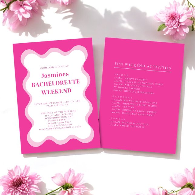Convite moderno divertido de despedida de solteira (pink wave bachelorette invitation with weekend activites all editable to suite your needs )