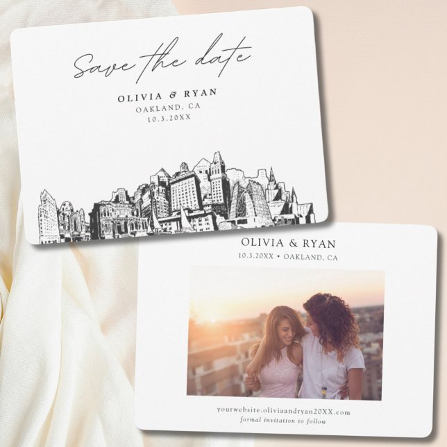 Convite Moderno do Casamento Oakland Salve a Data (Oakland wedding skyline sketch with engagement photo)