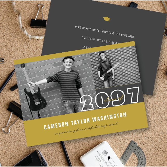 Convite Moderno Dourado 2 Fotos bloqueia Festa de formatur (Modern Gold 2 Photo Blocks Simple Graduation Announcement & Party Invitation @ fatfatin)