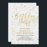 Convite Moderno Dourado Adulto 50ª Festa de aniversário<br><div class="desc">Celebre seu dia especial com este modelo na moda moderno de convites de aniversário. Este design apresenta um confete texturizado de ouro chic com um fundo de mármore.</div>