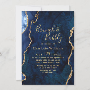 Convite Moderno Dourado Agate Azul Marble Brunch e Bubble