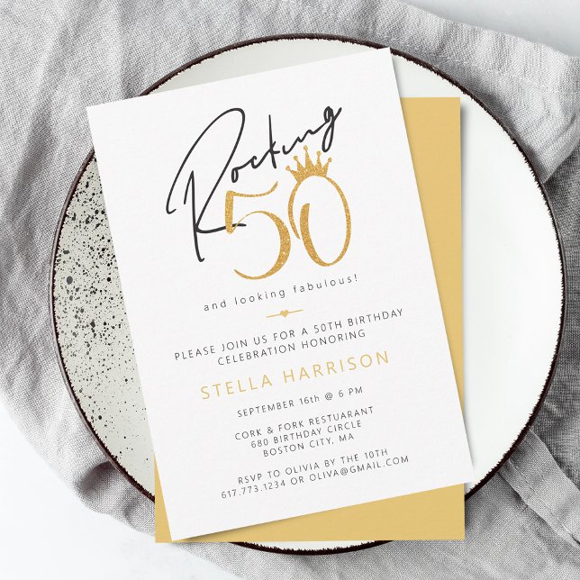 Convite Moderno Dourado Rocking 50ª Festa de aniversário (Modern Gold Rocking 50th Birthday Party Invitation)