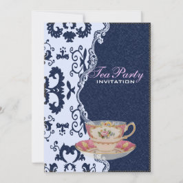 Convite moderno e azul de denim, Floral country Tea Party