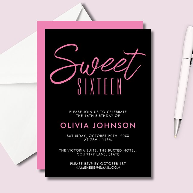 Convite Moderno e doce 6 rosa e preto (Sweet Sixteen 16th Sixteenth girls birthday party
invitations in black and pink.  See full range.)