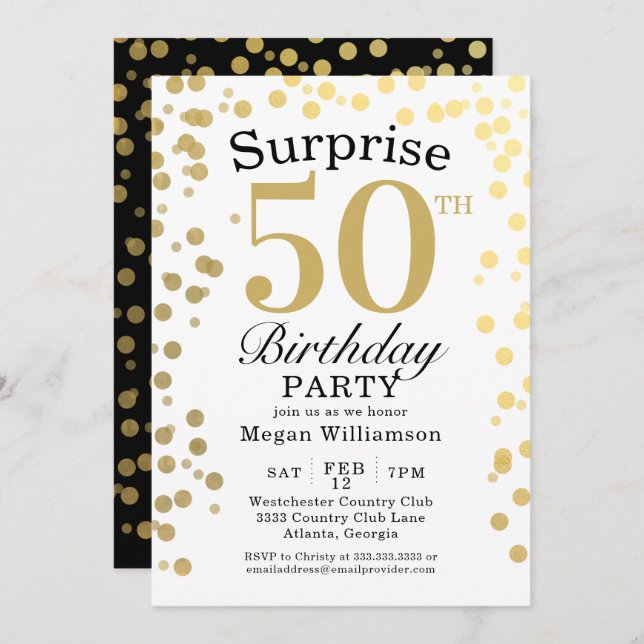 Convite Moderno e Dourado Confetti Black Surpresa 50º Aniv (Frente/Verso)