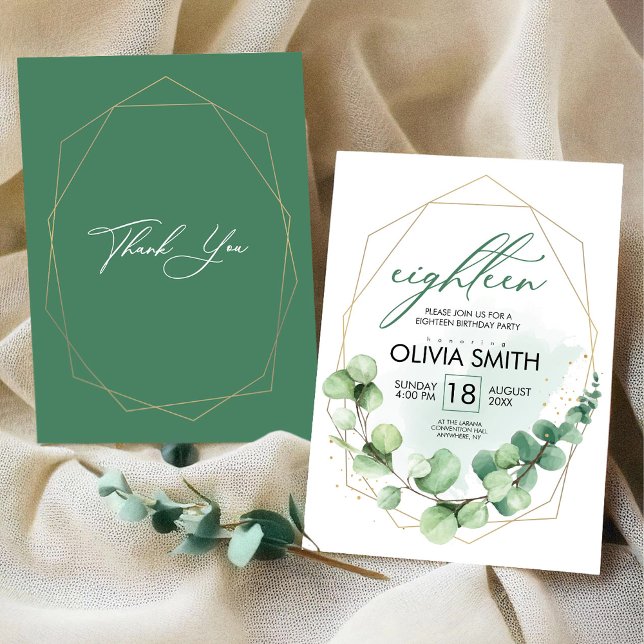 Convite Moderno e elegante aniversário de 18 anos | Verde  (Modern Elegant 18th Birthday | Girly Greenery Invitation, Teen Birthday Invite)