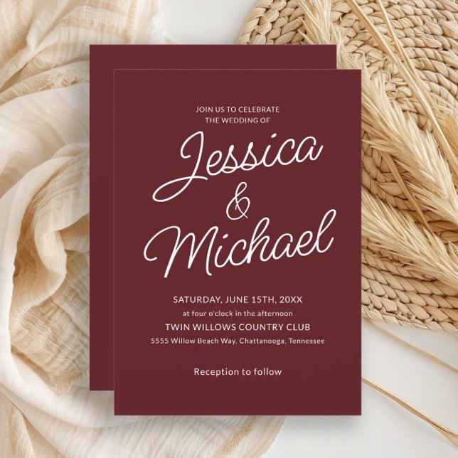 Convite moderno e elegante Cabernet Vermelho Scrip (Burgundy wedding invitation)