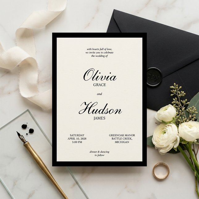 Convite Moderno e Elegante Casamento com Borda Preta e Let (Elegant Wedding Invitation)