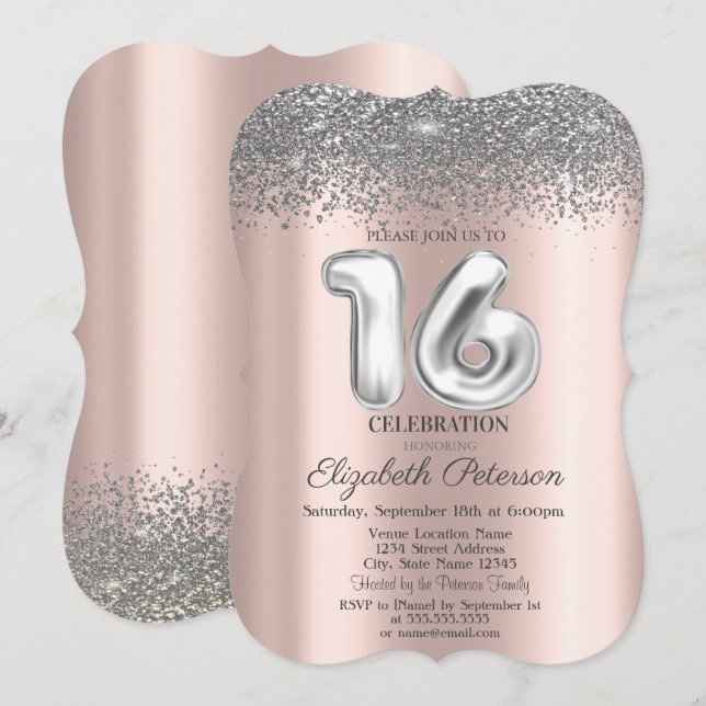 Convite Moderno e Glamouroso Sweet 16 Prateado Com Diamant (Frente/Verso)