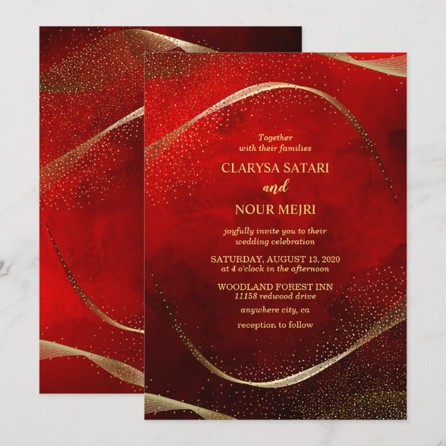 Convite moderno e sofisticado dourado e vermelho (Frente/Verso)