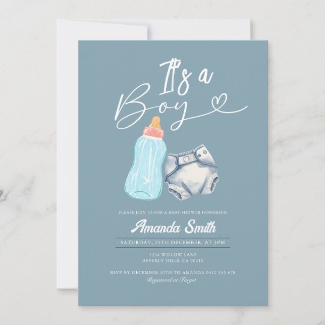 Convite Moderno É uma garrafa de leite e Fralda (Frente)