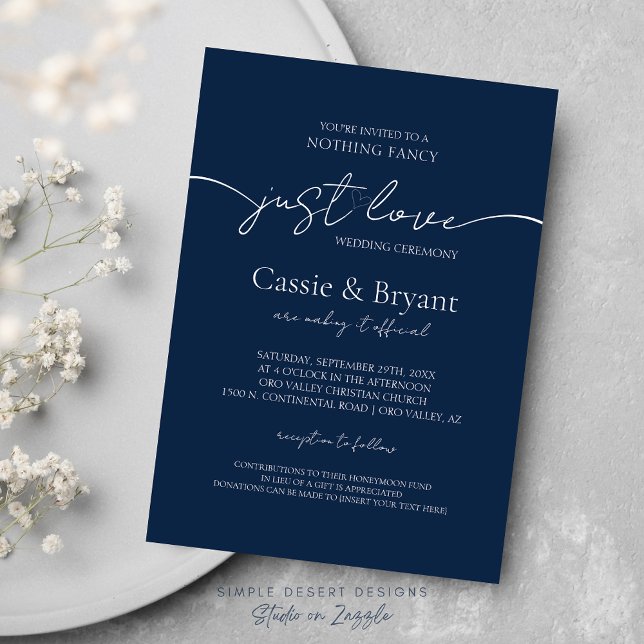 Convite Moderno Elegante Adora Casamento De Escrita Azul (Simple Elegant Navy Blue Wedding Invitations Nothing Fancy Just Love Wedding Theme)