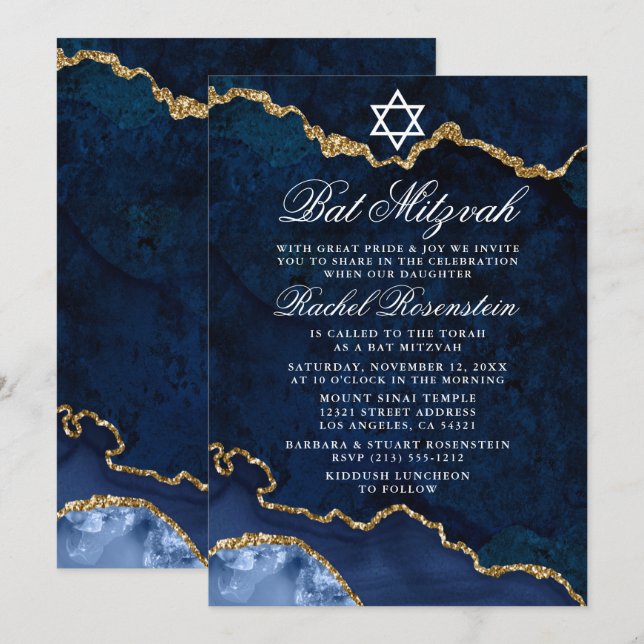 Convite Moderno Elegante Azul Dourado Bat Mitzvah (Frente/Verso)