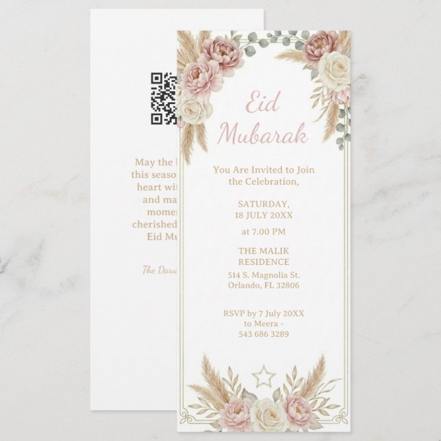 Convite Moderno Elegante Boho Floral Eid Mubarak Digital (Frente/Verso)