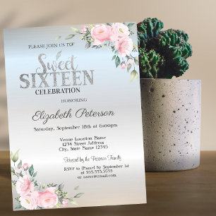 Convite Moderno Elegante Bokeh Floral Prata Doce 16