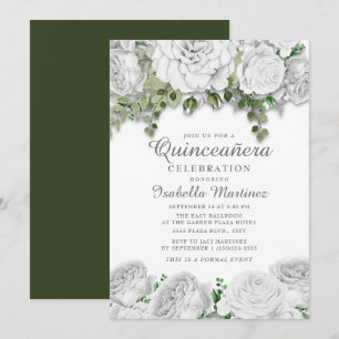 Convite Moderno Elegante Branco Floral Verde Quinceañera