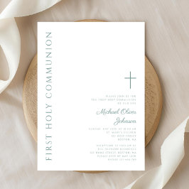 Convite Moderno Elegante Cruz Verde Primeira Comunhão Sagr
