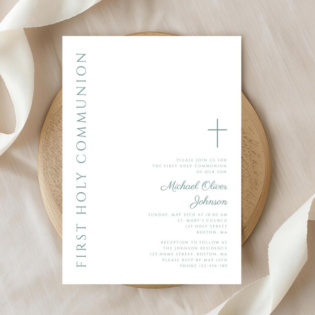 Convite Moderno Elegante Cruz Verde Primeira Comunhão Sagr (Modern Elegant Green Cross First Holy Communion Invitation)