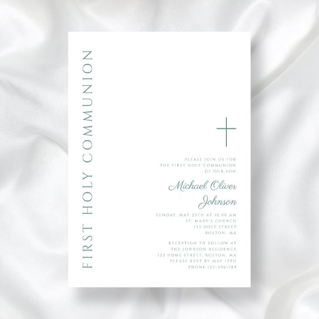 Convite Moderno Elegante Cruz Verde Primeira Comunhão Sagr (Modern Elegant Green Cross First Holy Communion Invitation)