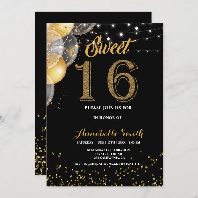 Convite Moderno elegante doce 16 (Frente/Verso)