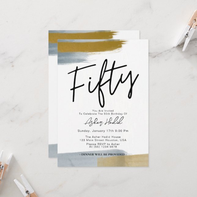 Convite Moderno Elegante Dourado 50ª Festa de aniversário (Frente/Verso In Situ)