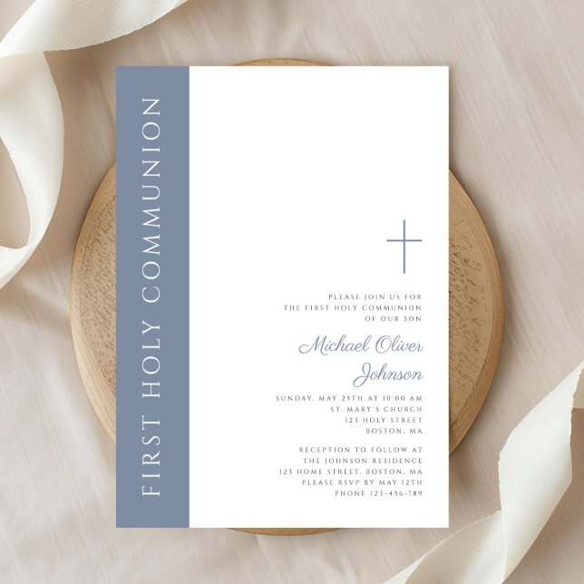 Convite Moderno Elegante Dusty Blue Cross Primeira Comunhã (Modern Elegant Dusty Blue Cross First Communion Invitation)