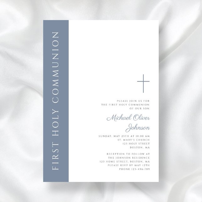 Convite Moderno Elegante Dusty Blue Cross Primeira Comunhã (Modern Elegant Dusty Blue Cross First Communion Invitation)