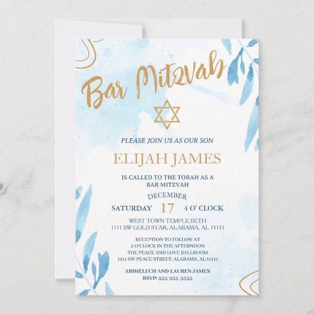 Convite Moderno Elegante Estrela de Davi Azul Dourado Bar  (Frente)