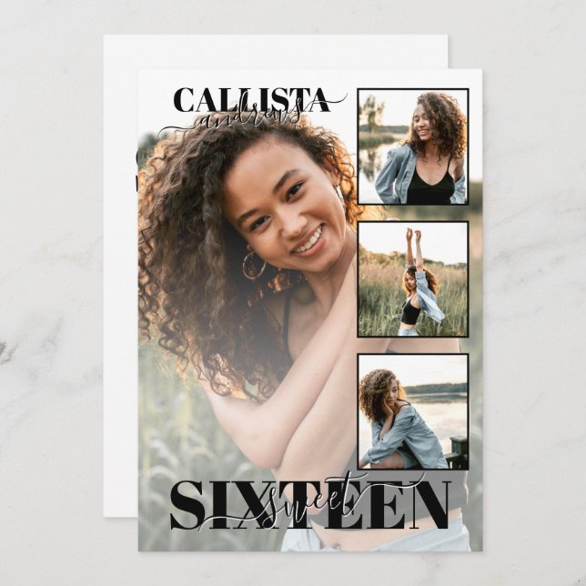 Convite Moderno Elegante Preto Branco Quatro Fotografias D (Frente/Verso)