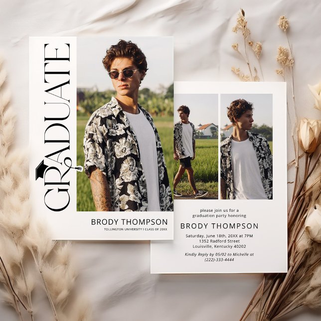 Convite Moderno Elegante Preto e Branco 3 Fotos de Graduaç (Criador carregado)