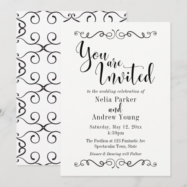 Convite Moderno Elegante Preto Texto Casamento 2 (Frente/Verso)